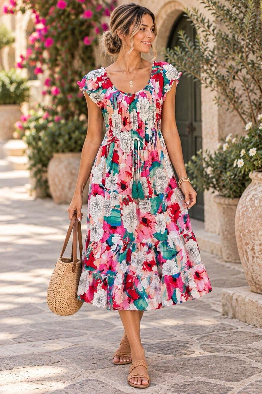 America & Beyond S Boho Floral Midi Dress Tiered Tassel Cottagecore Beachy Resor